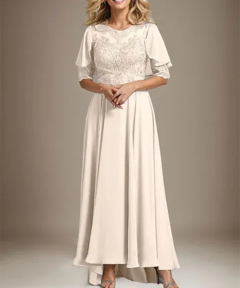 A-line Scoop Illusion Asymmetrical Chiffon Lace Mother of the Bride Dress With Beading