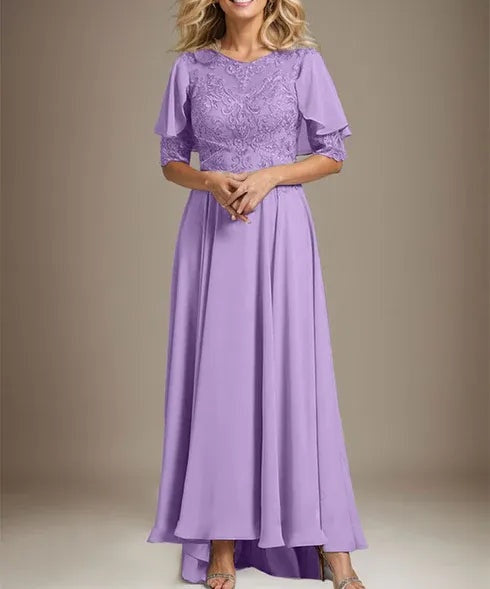 A-line Scoop Illusion Asymmetrical Chiffon Lace Mother of the Bride Dress With Beading