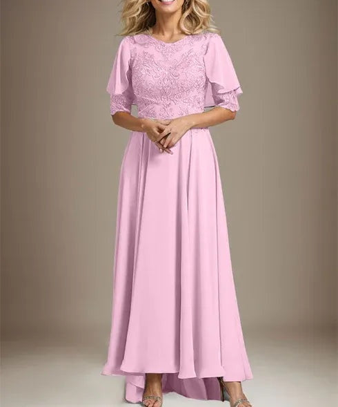 A-line Scoop Illusion Asymmetrical Chiffon Lace Mother of the Bride Dress With Beading