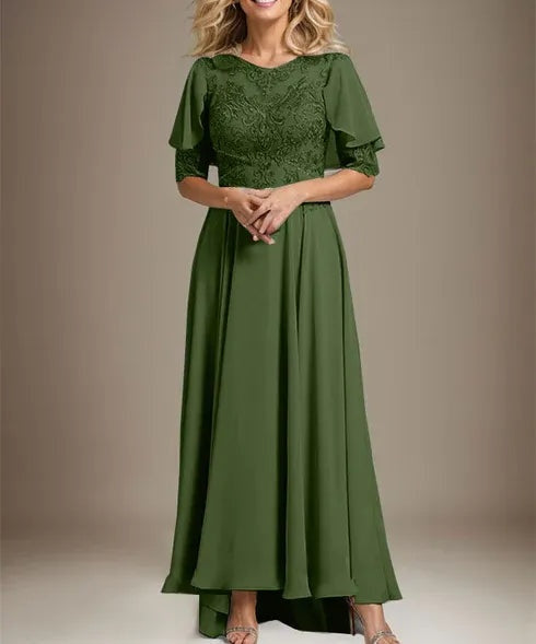 A-line Scoop Illusion Asymmetrical Chiffon Lace Mother of the Bride Dress With Beading