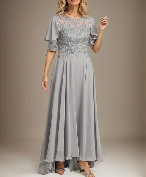 A-line Scoop Illusion Asymmetrical Chiffon Lace Mother of the Bride Dress With Beading