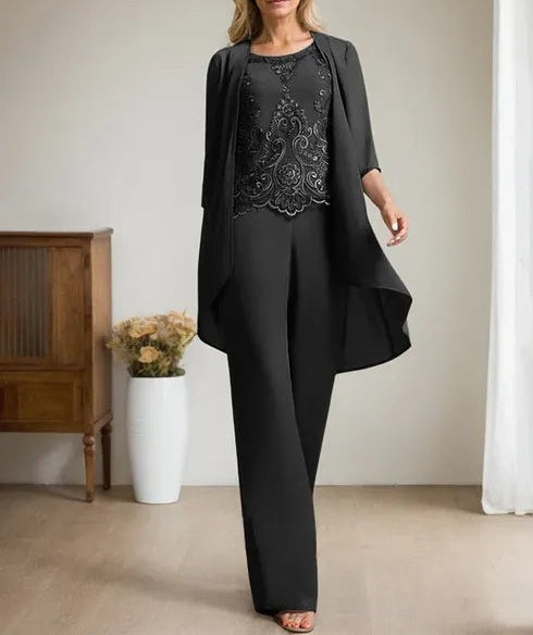 Separates Jumpsuit/Pantsuit Scoop Floor-Length Chiffon Lace Mother of the Bride Dress With Beading Sequins
