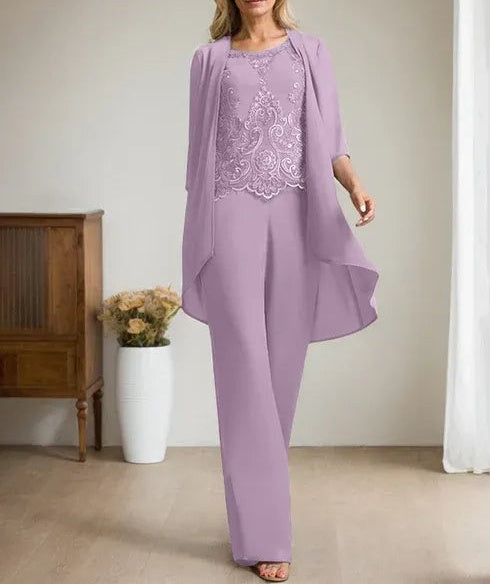 Separates Jumpsuit/Pantsuit Scoop Floor-Length Chiffon Lace Mother of the Bride Dress With Beading Sequins