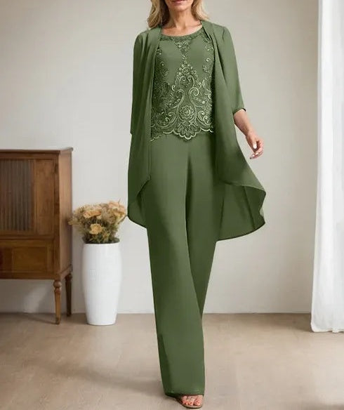 Separates Jumpsuit/Pantsuit Scoop Floor-Length Chiffon Lace Mother of the Bride Dress With Beading Sequins