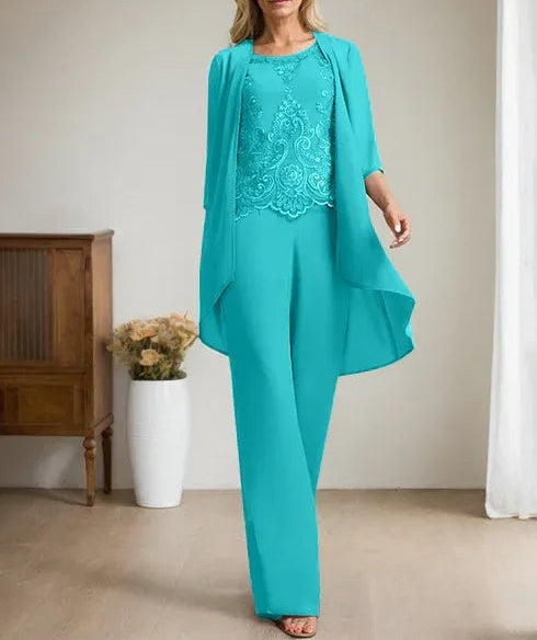 Separates Jumpsuit/Pantsuit Scoop Floor-Length Chiffon Lace Mother of the Bride Dress With Beading Sequins
