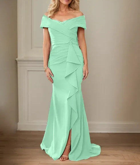 Sheath/Column V-Neck Illusion Floor-Length Lace Chiffon Mother of the Bride Dress With Pleated Sequins