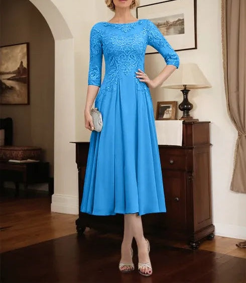 A-line Scoop Illusion Tea-Length Chiffon Lace Mother of the Bride Dress With Beading Sequins