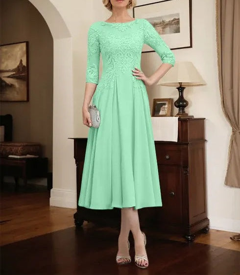 A-line Scoop Illusion Tea-Length Chiffon Lace Mother of the Bride Dress With Beading Sequins