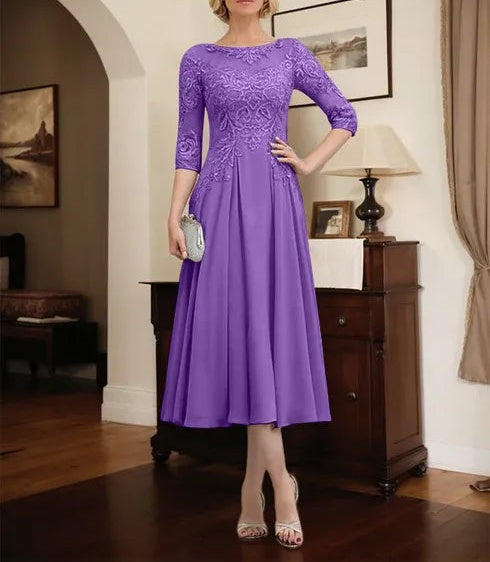 A-line Scoop Illusion Tea-Length Chiffon Lace Mother of the Bride Dress With Beading Sequins