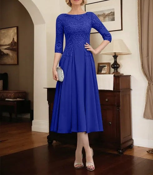 A-line Scoop Illusion Tea-Length Chiffon Lace Mother of the Bride Dress With Beading Sequins