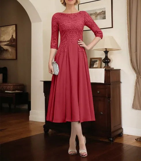 A-line Scoop Illusion Tea-Length Chiffon Lace Mother of the Bride Dress With Beading Sequins