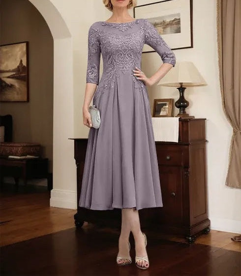A-line Scoop Illusion Tea-Length Chiffon Lace Mother of the Bride Dress With Beading Sequins