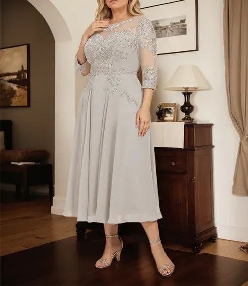 A-line Scoop Illusion Tea-Length Chiffon Lace Mother of the Bride Dress With Beading Sequins