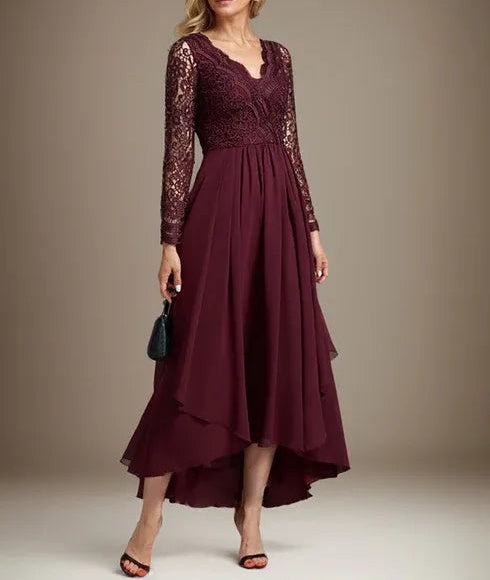 A-line V-Neck Asymmetrical Lace Chiffon Mother of the Bride Dress