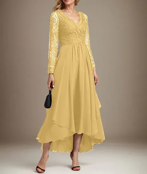 A-line V-Neck Asymmetrical Lace Chiffon Mother of the Bride Dress