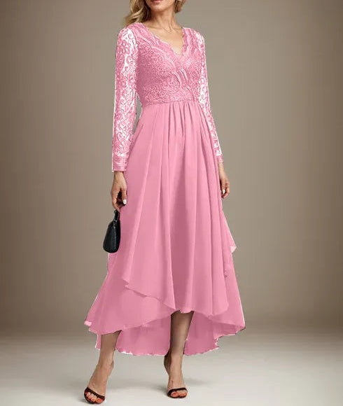 A-line V-Neck Asymmetrical Lace Chiffon Mother of the Bride Dress