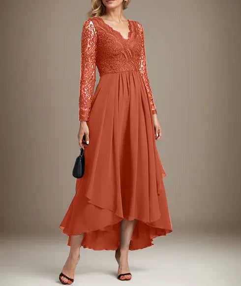 A-line V-Neck Asymmetrical Lace Chiffon Mother of the Bride Dress