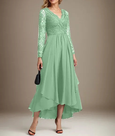 A-line V-Neck Asymmetrical Lace Chiffon Mother of the Bride Dress