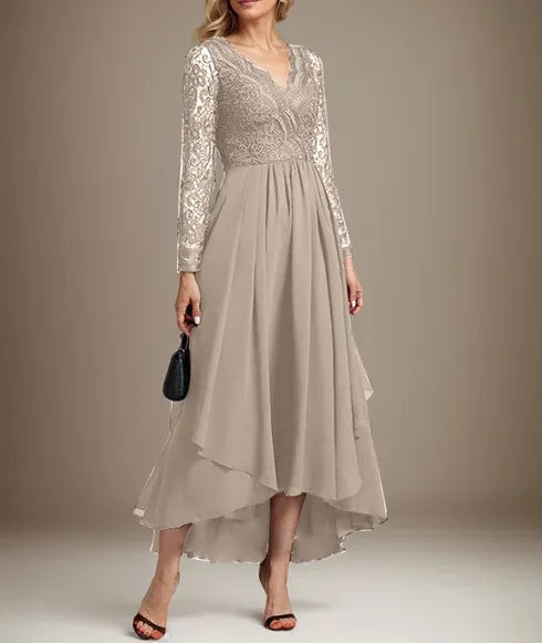A-line V-Neck Asymmetrical Lace Chiffon Mother of the Bride Dress