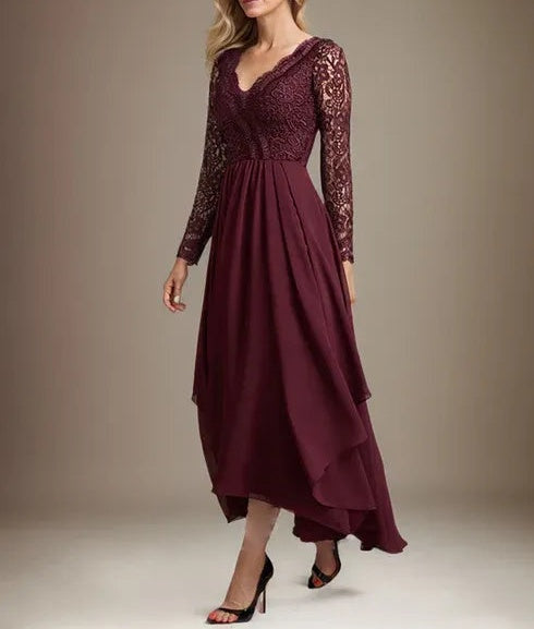 A-line V-Neck Asymmetrical Lace Chiffon Mother of the Bride Dress