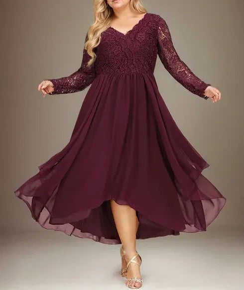 A-line V-Neck Asymmetrical Lace Chiffon Mother of the Bride Dress
