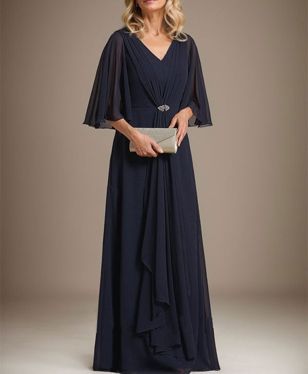 A-line V-Neck Floor-Length Chiffon Mother of the Bride Dress With Cascading Ruffles Crystal Brooch