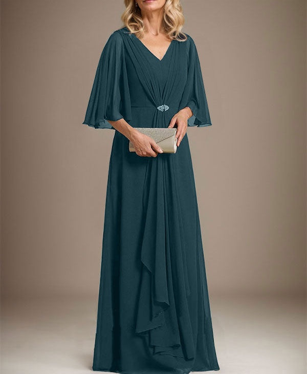 A-line V-Neck Floor-Length Chiffon Mother of the Bride Dress With Cascading Ruffles Crystal Brooch