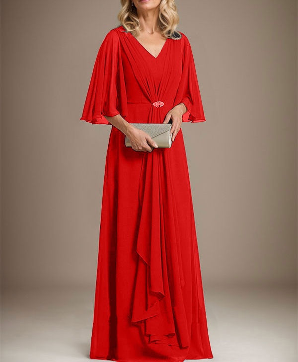 A-line V-Neck Floor-Length Chiffon Mother of the Bride Dress With Cascading Ruffles Crystal Brooch