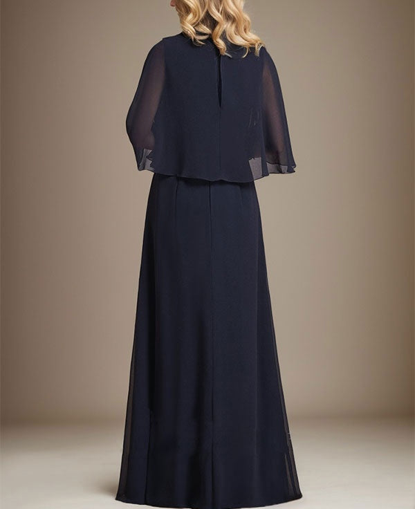 A-line V-Neck Floor-Length Chiffon Mother of the Bride Dress With Cascading Ruffles Crystal Brooch