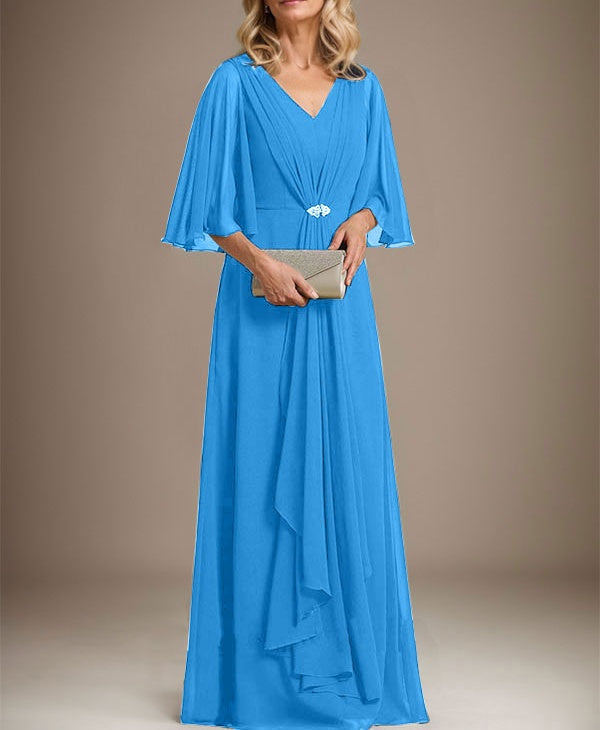 A-line V-Neck Floor-Length Chiffon Mother of the Bride Dress With Cascading Ruffles Crystal Brooch