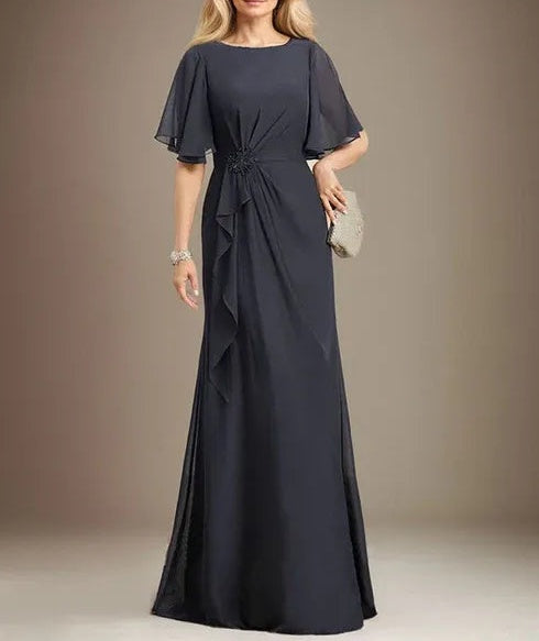 A-line Scoop Floor-Length Chiffon Mother of the Bride Dress With Cascading Ruffles Beading Sequins