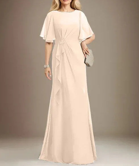 A-line Scoop Floor-Length Chiffon Mother of the Bride Dress With Cascading Ruffles Beading Sequins