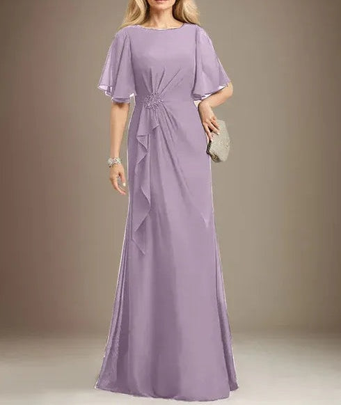 A-line Scoop Floor-Length Chiffon Mother of the Bride Dress With Cascading Ruffles Beading Sequins
