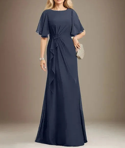 A-line Scoop Floor-Length Chiffon Mother of the Bride Dress With Cascading Ruffles Beading Sequins
