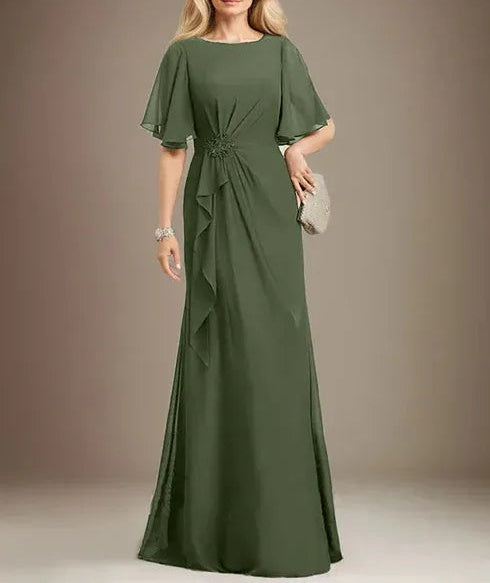 A-line Scoop Floor-Length Chiffon Mother of the Bride Dress With Cascading Ruffles Beading Sequins