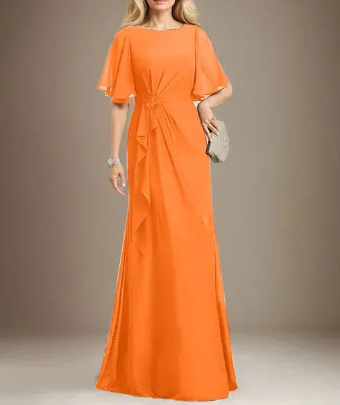 A-line Scoop Floor-Length Chiffon Mother of the Bride Dress With Cascading Ruffles Beading Sequins