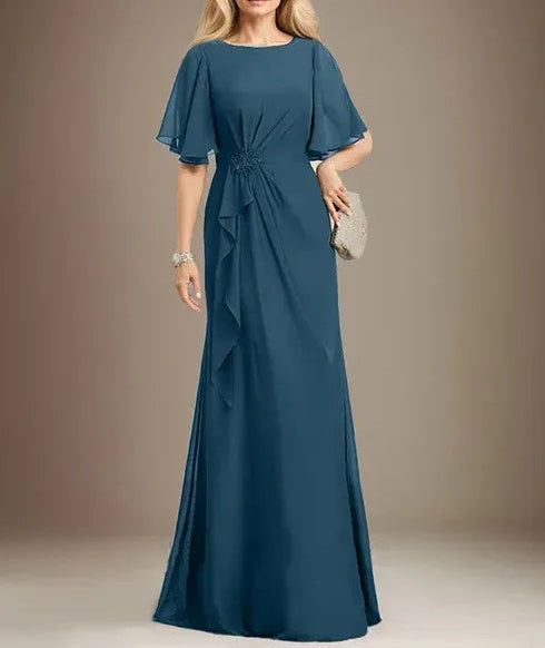 A-line Scoop Floor-Length Chiffon Mother of the Bride Dress With Cascading Ruffles Beading Sequins