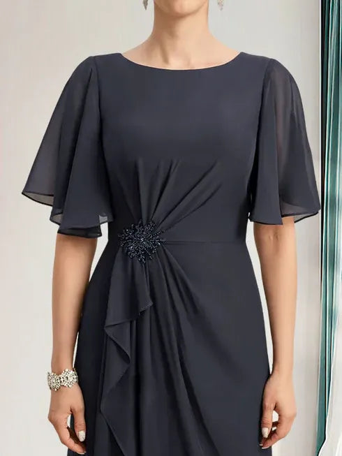 A-line Scoop Floor-Length Chiffon Mother of the Bride Dress With Cascading Ruffles Beading Sequins