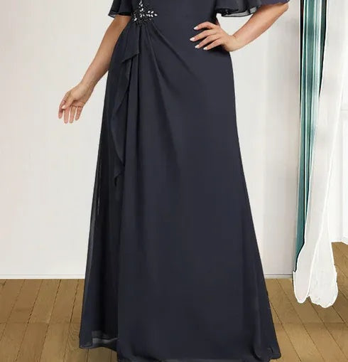 A-line Scoop Floor-Length Chiffon Mother of the Bride Dress With Cascading Ruffles Beading Sequins