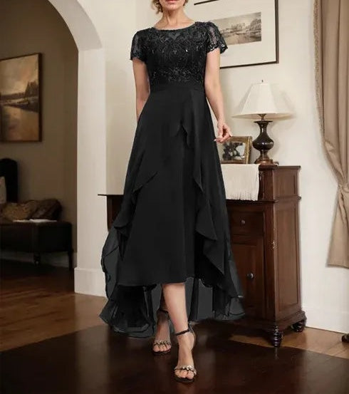 A-line Scoop Illusion Asymmetrical Chiffon Lace Mother of the Bride Dress With Bow Ruffle Sequins