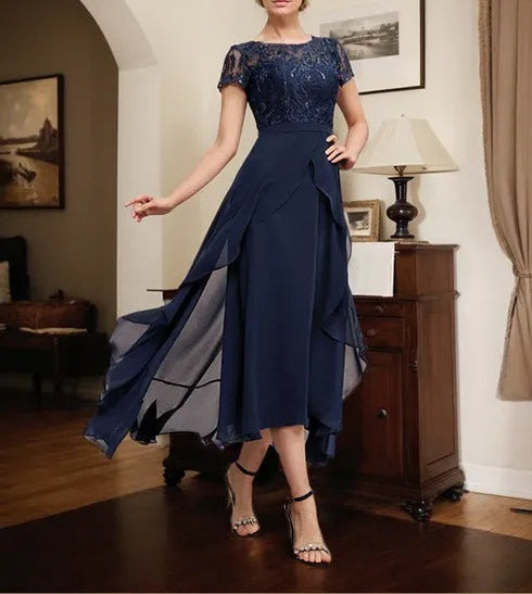 A-line Scoop Illusion Asymmetrical Chiffon Lace Mother of the Bride Dress With Bow Ruffle Sequins