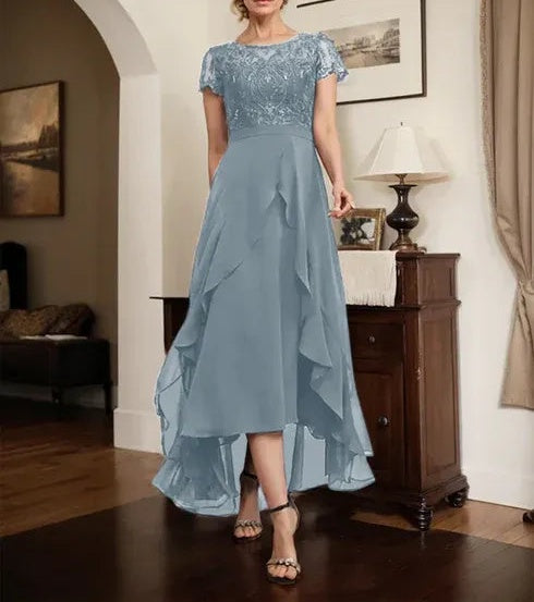 A-line Scoop Illusion Asymmetrical Chiffon Lace Mother of the Bride Dress With Bow Ruffle Sequins