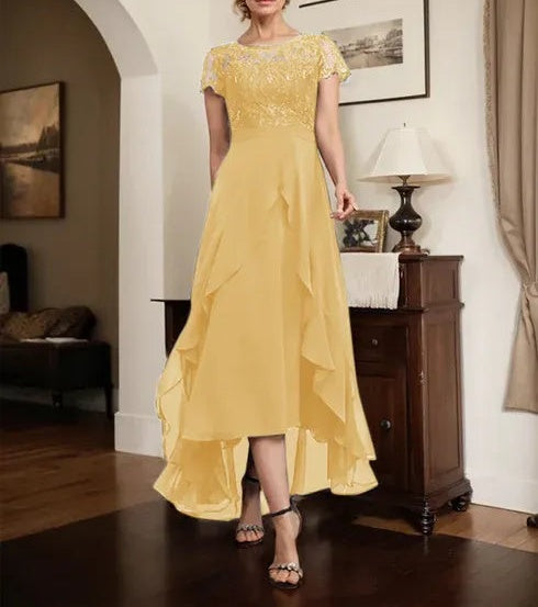 A-line Scoop Illusion Asymmetrical Chiffon Lace Mother of the Bride Dress With Bow Ruffle Sequins