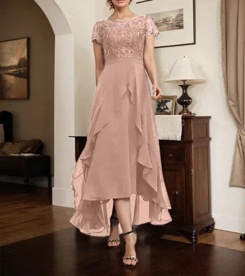 A-line Scoop Illusion Asymmetrical Chiffon Lace Mother of the Bride Dress With Bow Ruffle Sequins