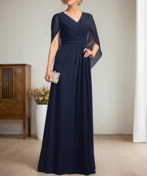 Dark Navy A-Line V-Neck Long Mother of Bride Dress