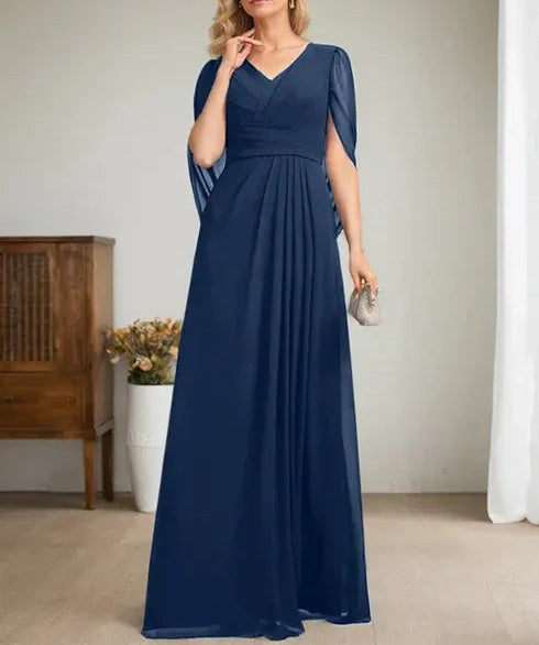 Dark Navy A-Line V-Neck Long Mother of Bride Dress