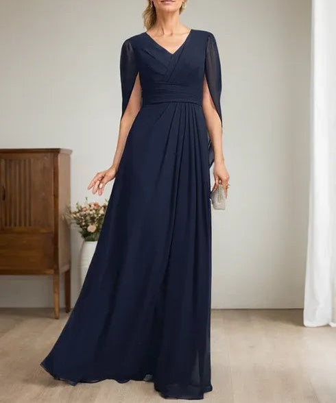 Dark Navy A-Line V-Neck Long Mother of Bride Dress