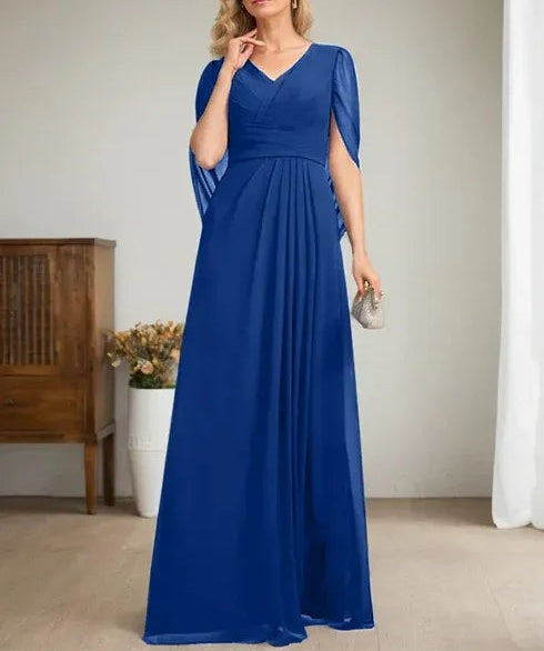 Dark Navy A-Line V-Neck Long Mother of Bride Dress