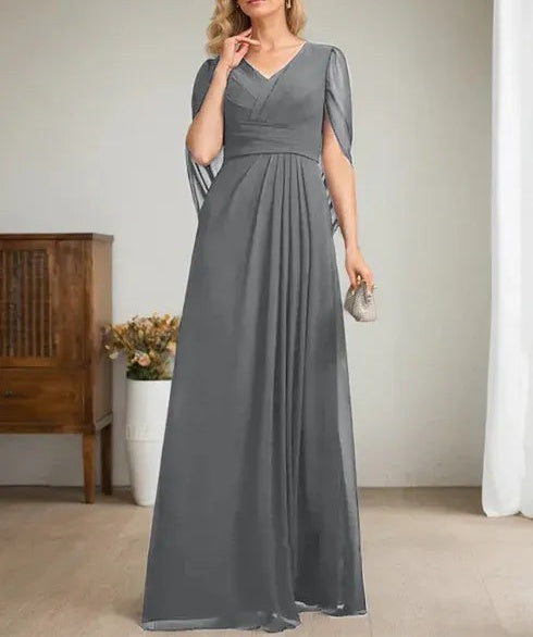 Dark Navy A-Line V-Neck Long Mother of Bride Dress