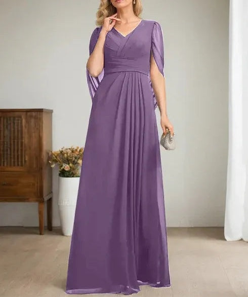 Dark Navy A-Line V-Neck Long Mother of Bride Dress